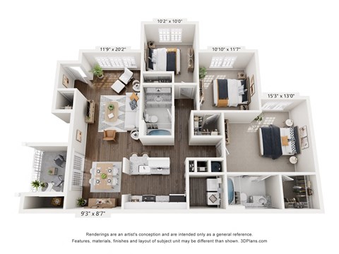 The Okracoke Three-Bedroom Apartment Floorplan Rendering
